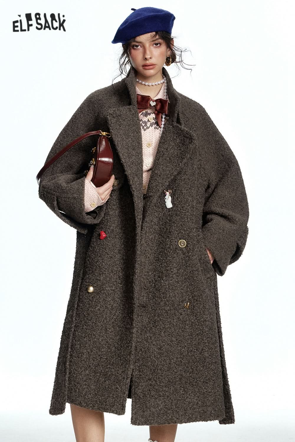 ELFSACK Long Thick Coat with Belt and Raglan Sleeves
