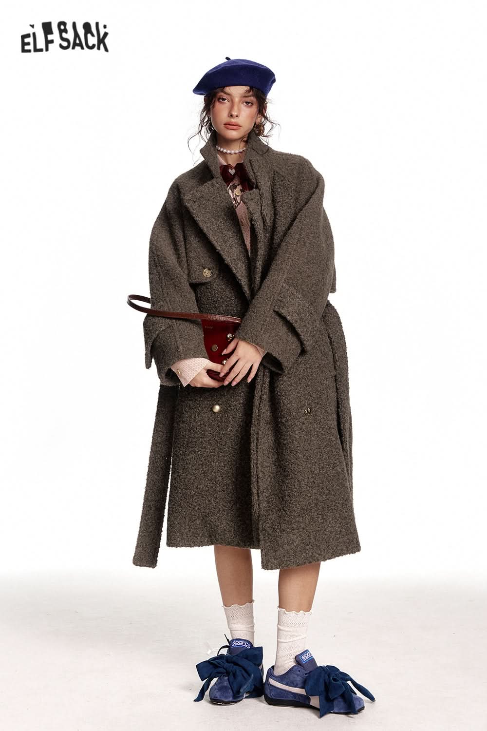 ELFSACK Long Thick Coat with Belt and Raglan Sleeves