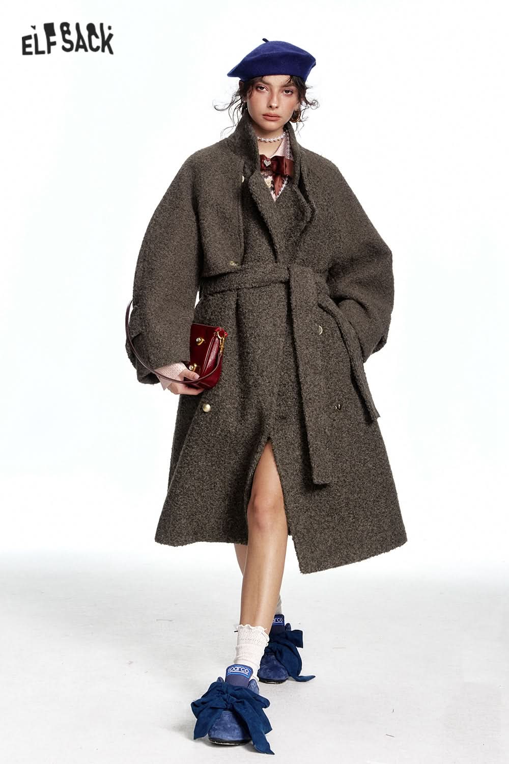 ELFSACK Long Thick Coat with Belt and Raglan Sleeves