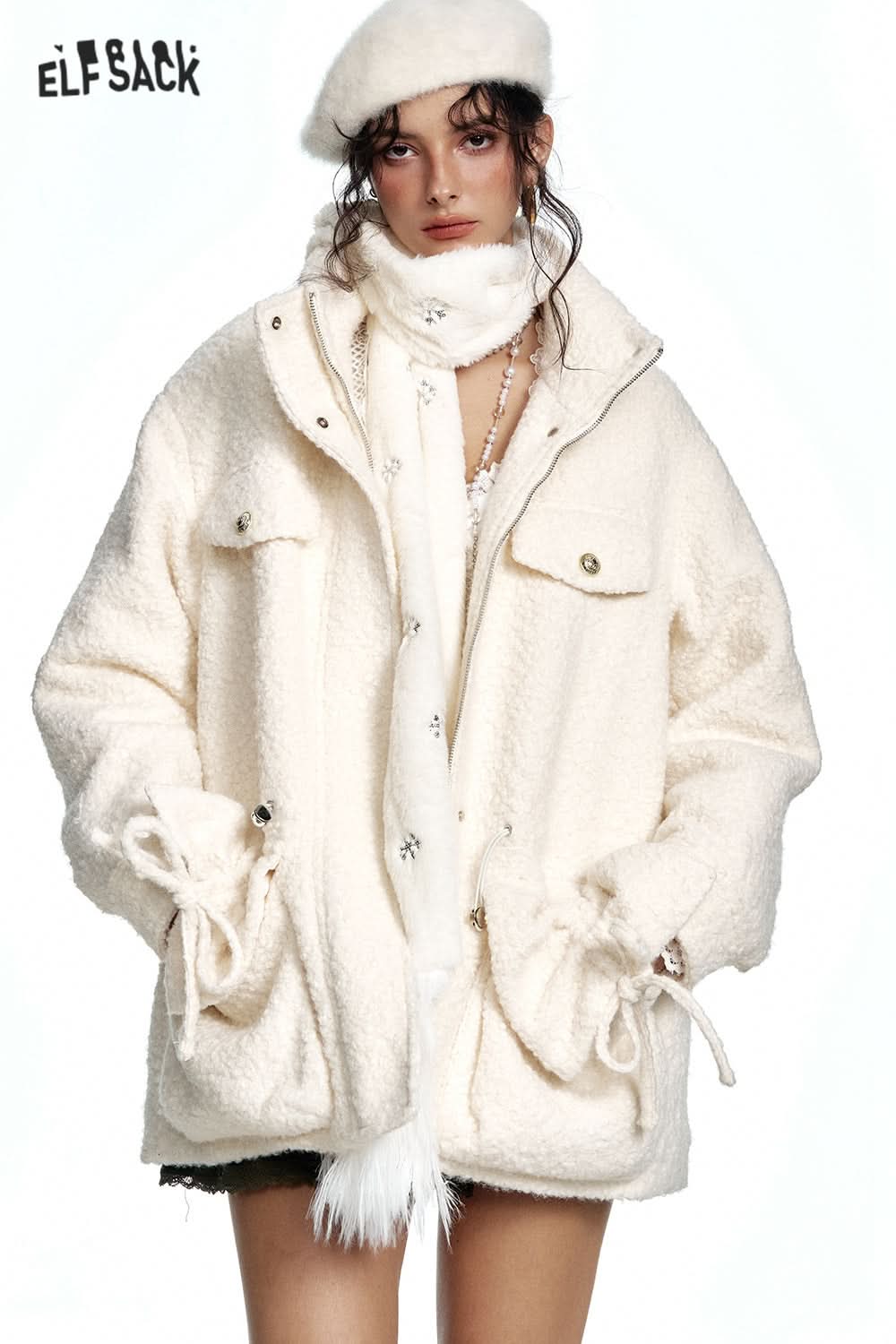 ELFSACK White plush thick coat with stand collar and pockets