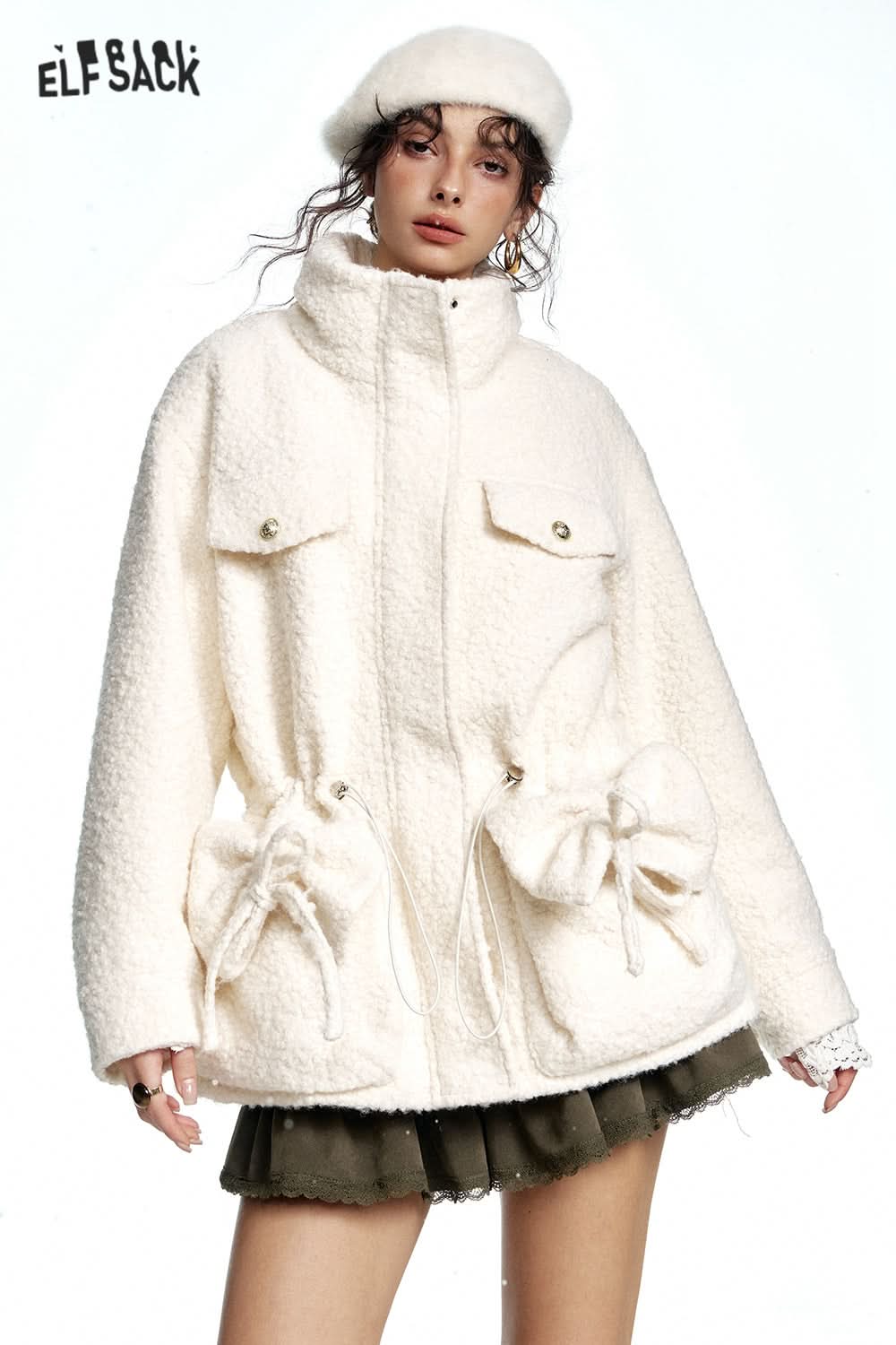 ELFSACK White plush thick coat with stand collar and pockets