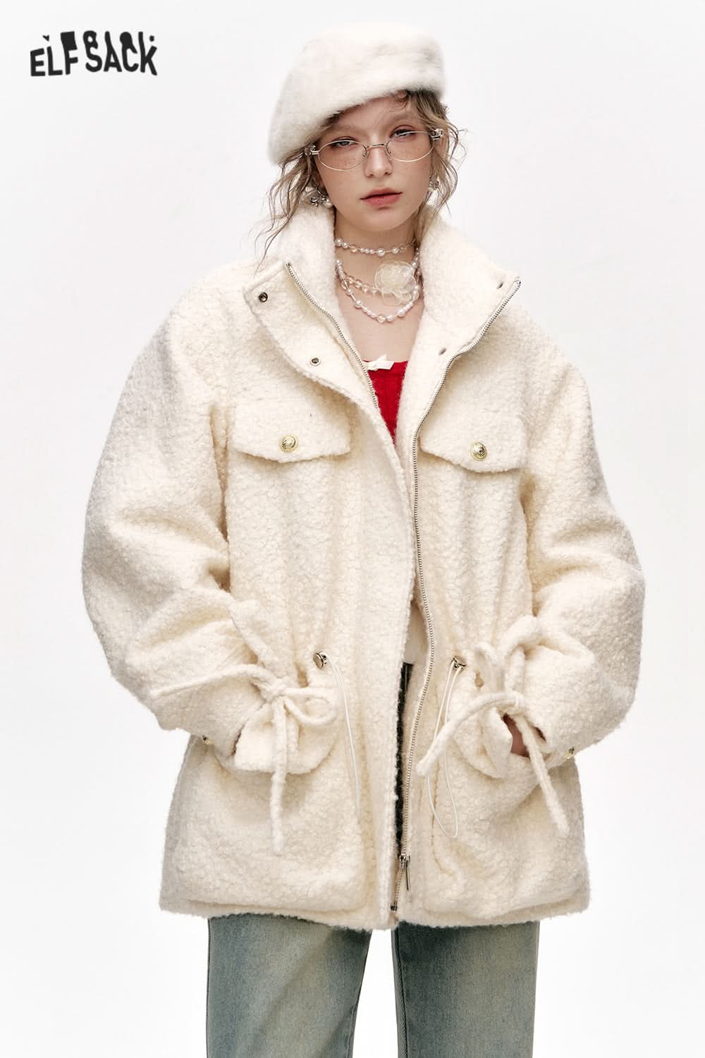 ELFSACK White plush thick coat with stand collar and pockets