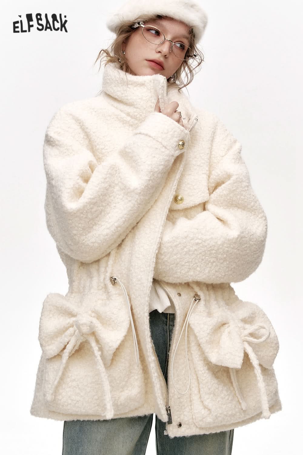 ELFSACK White plush thick coat with stand collar and pockets