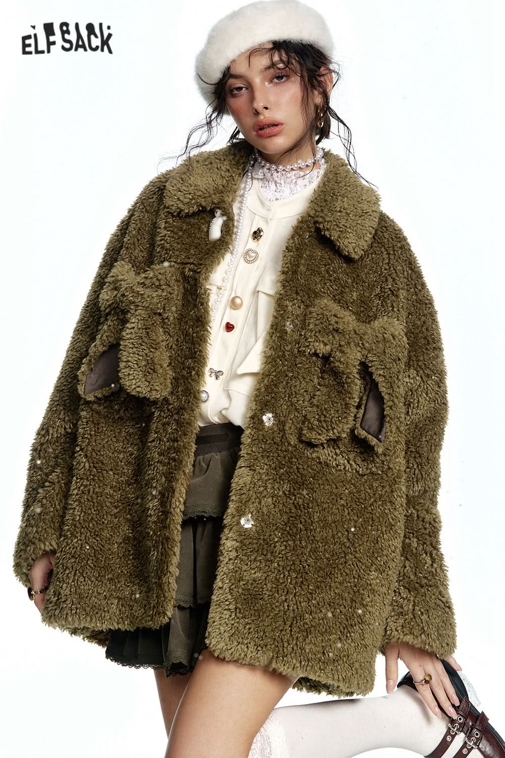 ELFSACK Y2K Olive Bowknot Plush Thick Jacket Women