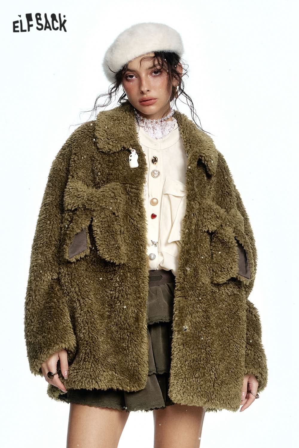 ELFSACK Y2K Olive Bowknot Plush Thick Jacket Women
