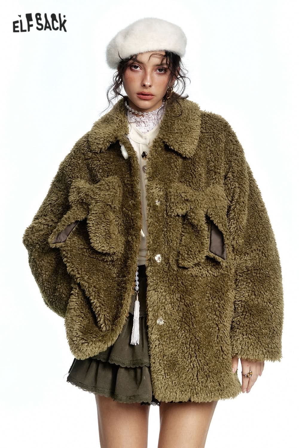 ELFSACK Y2K Olive Bowknot Plush Thick Jacket Women