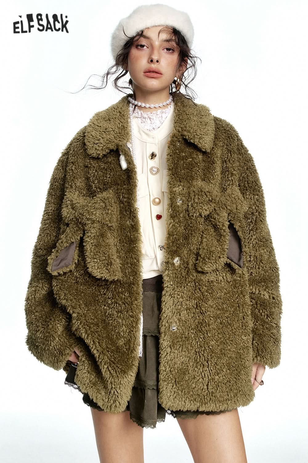 ELFSACK Y2K Olive Bowknot Plush Thick Jacket Women