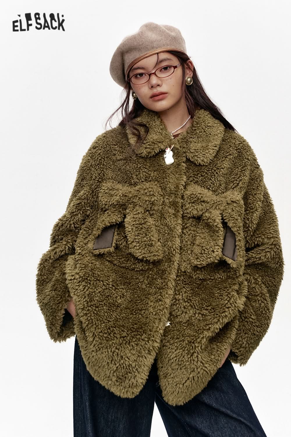 ELFSACK Y2K Olive Bowknot Plush Thick Jacket Women