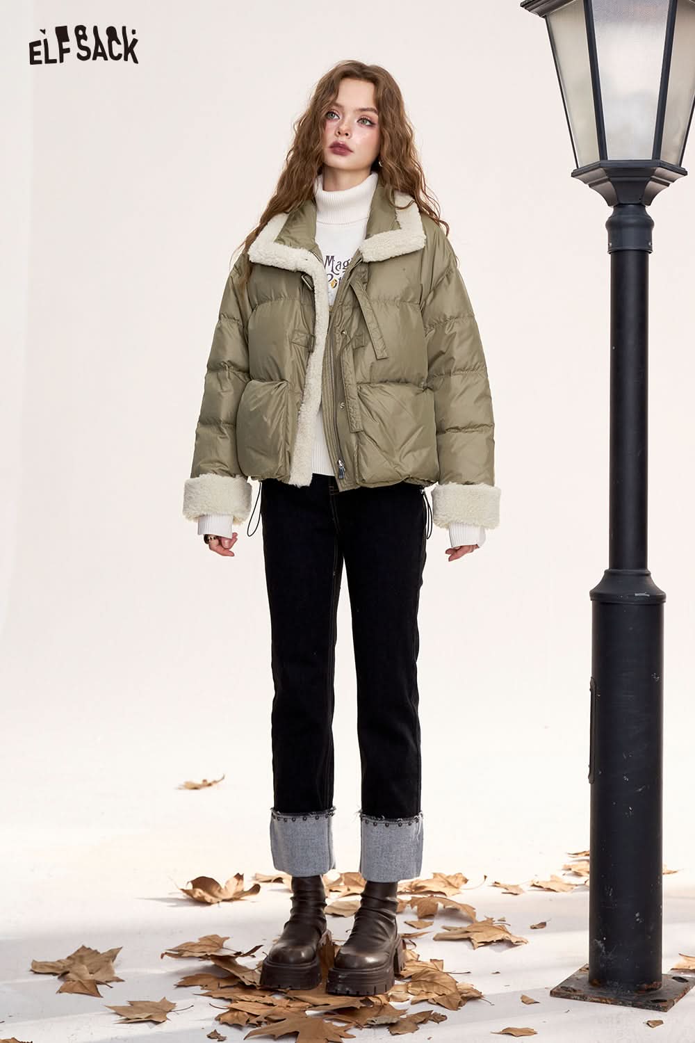 ELFSACK Retro plus fur stitching short down jacket warm coat with stand collar zipper button warm coat