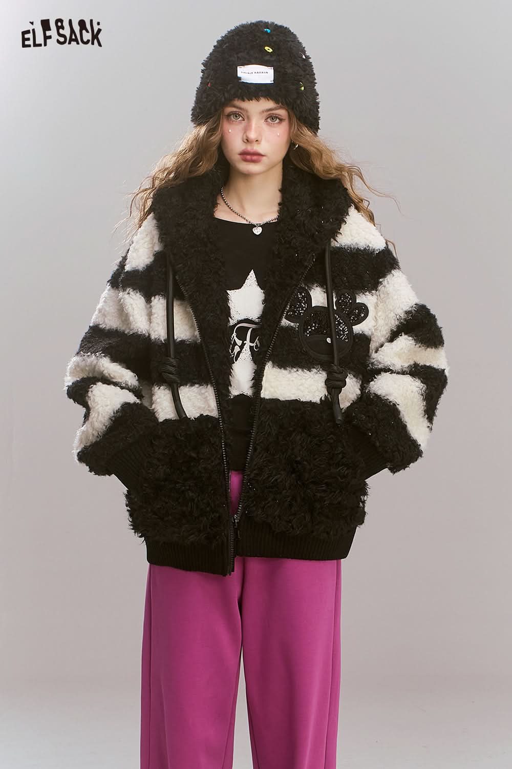 ELFSACK Black and white striped winter coat, hooded thickened velvet patchwork