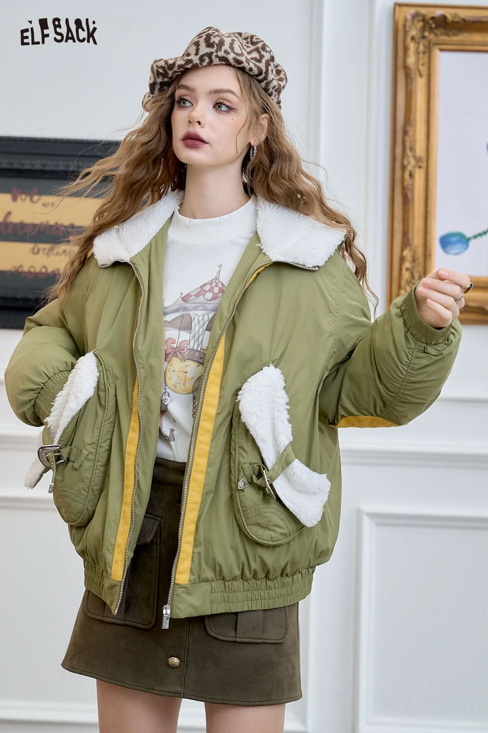ELFSACK Preppy style lapel green warm thickened coat plush design fashionable warm coat