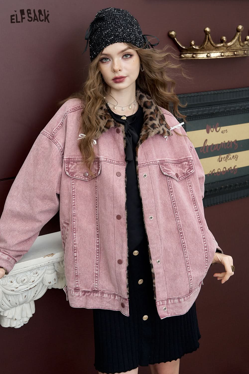 ELFSACK American retro dirty pink denim jacket with leopard print lapel jacket