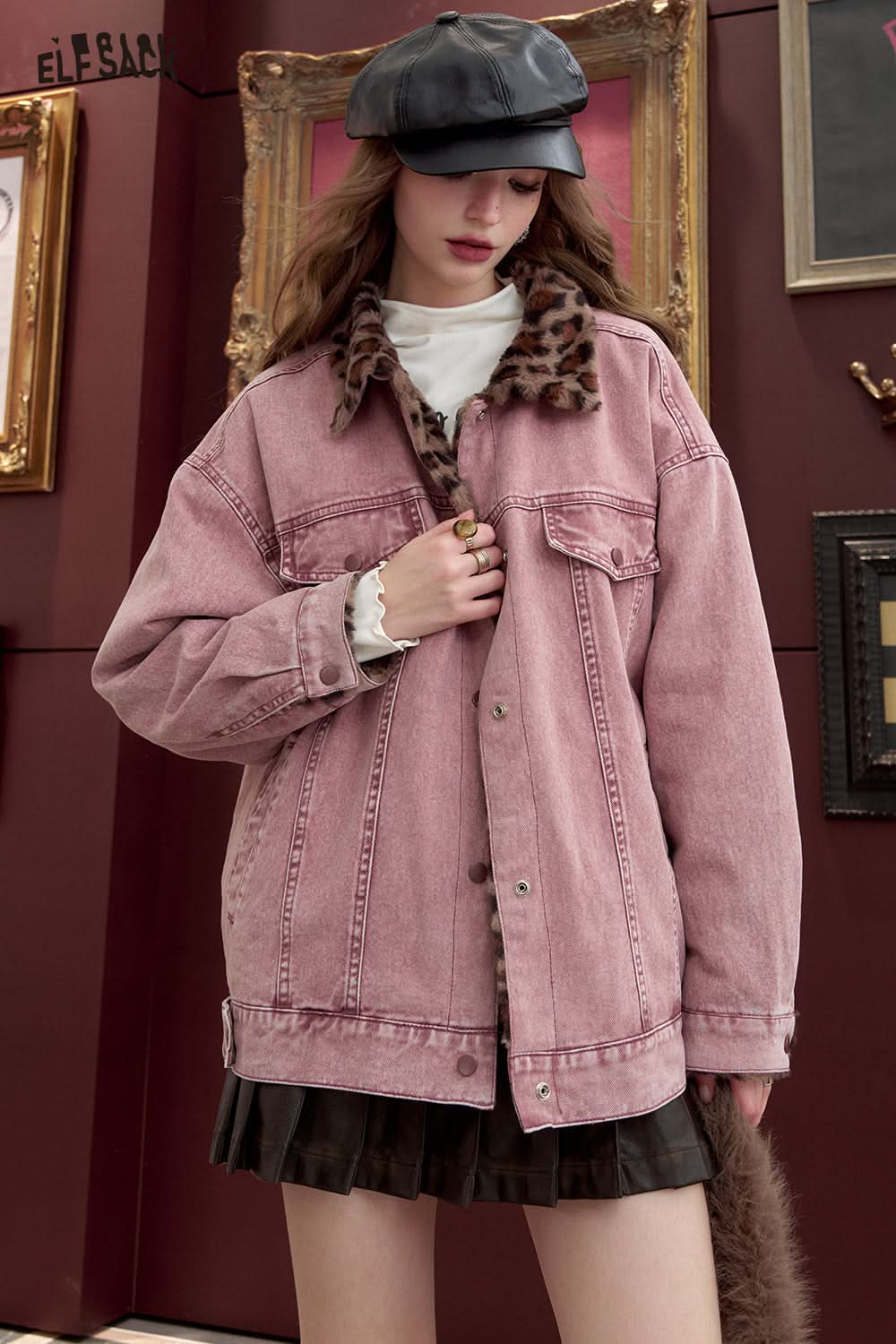 ELFSACK American retro dirty pink denim jacket with leopard print lapel jacket
