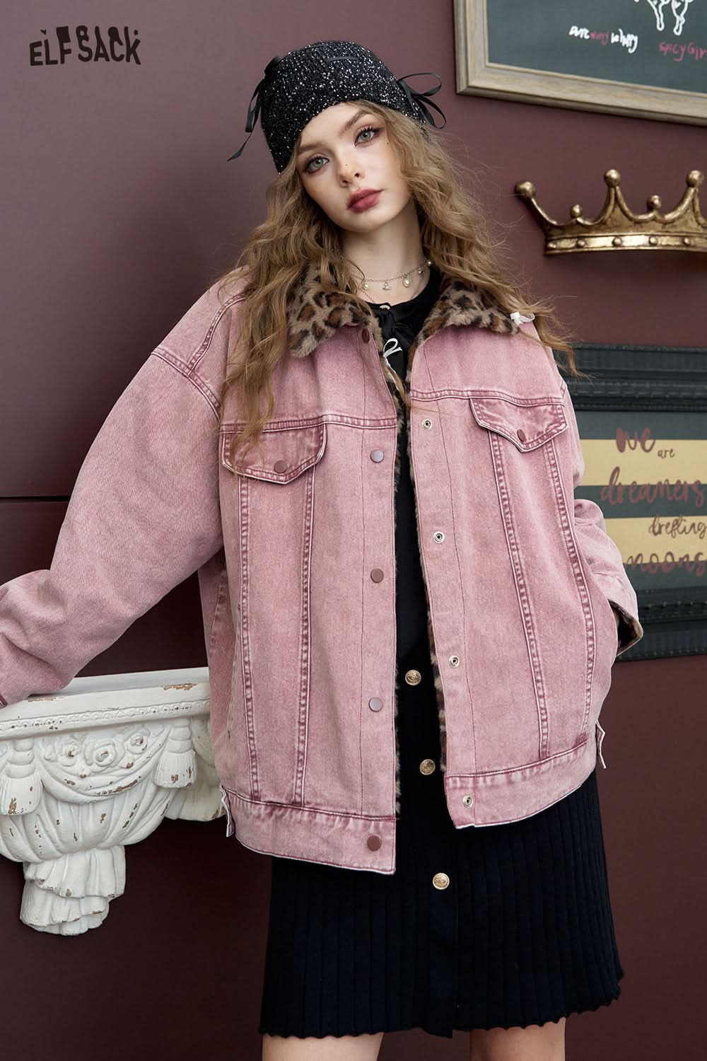 ELFSACK American retro dirty pink denim jacket with leopard print lapel jacket