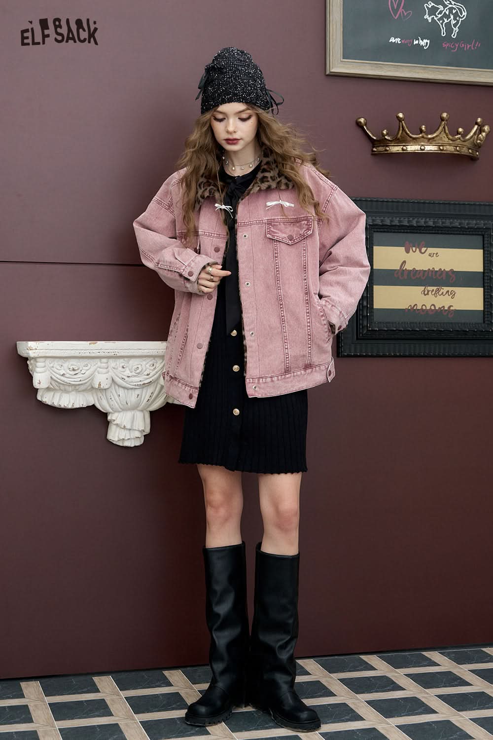 ELFSACK American retro dirty pink denim jacket with leopard print lapel jacket