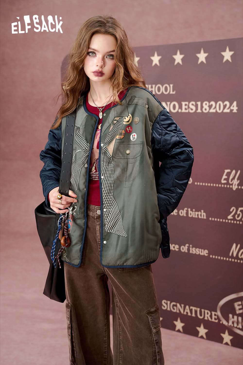 ELFSACK Printed loose retro mid-length casual cotton jacket,