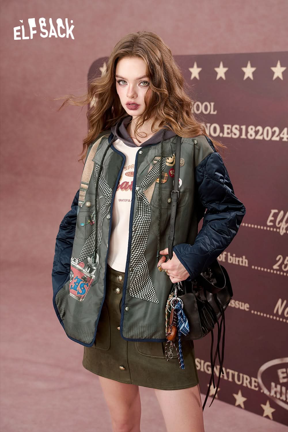 ELFSACK Printed loose retro mid-length casual cotton jacket,