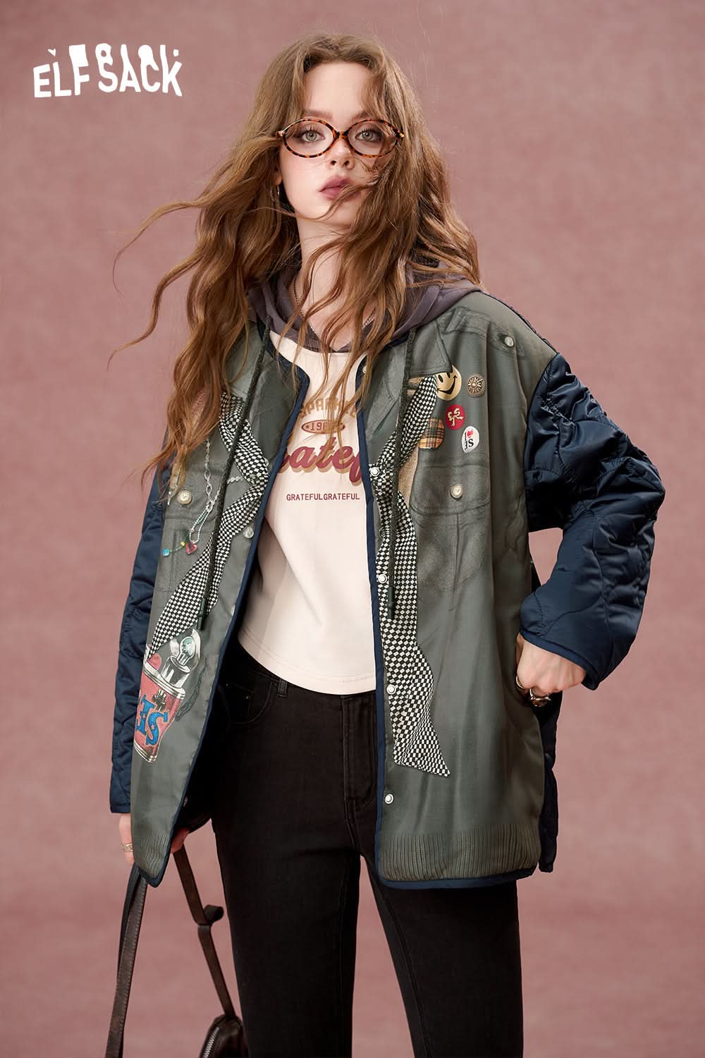 ELFSACK Printed loose retro mid-length casual cotton jacket,