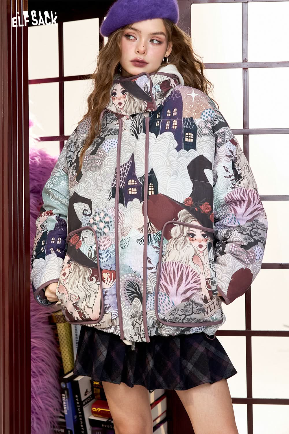 ELFSACK Retro witch cartoon full print stand collar short down jacket women windproof warm coat