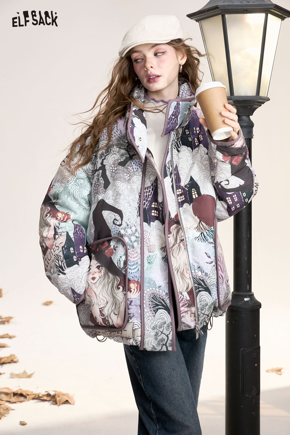 ELFSACK Retro witch cartoon full print stand collar short down jacket women windproof warm coat
