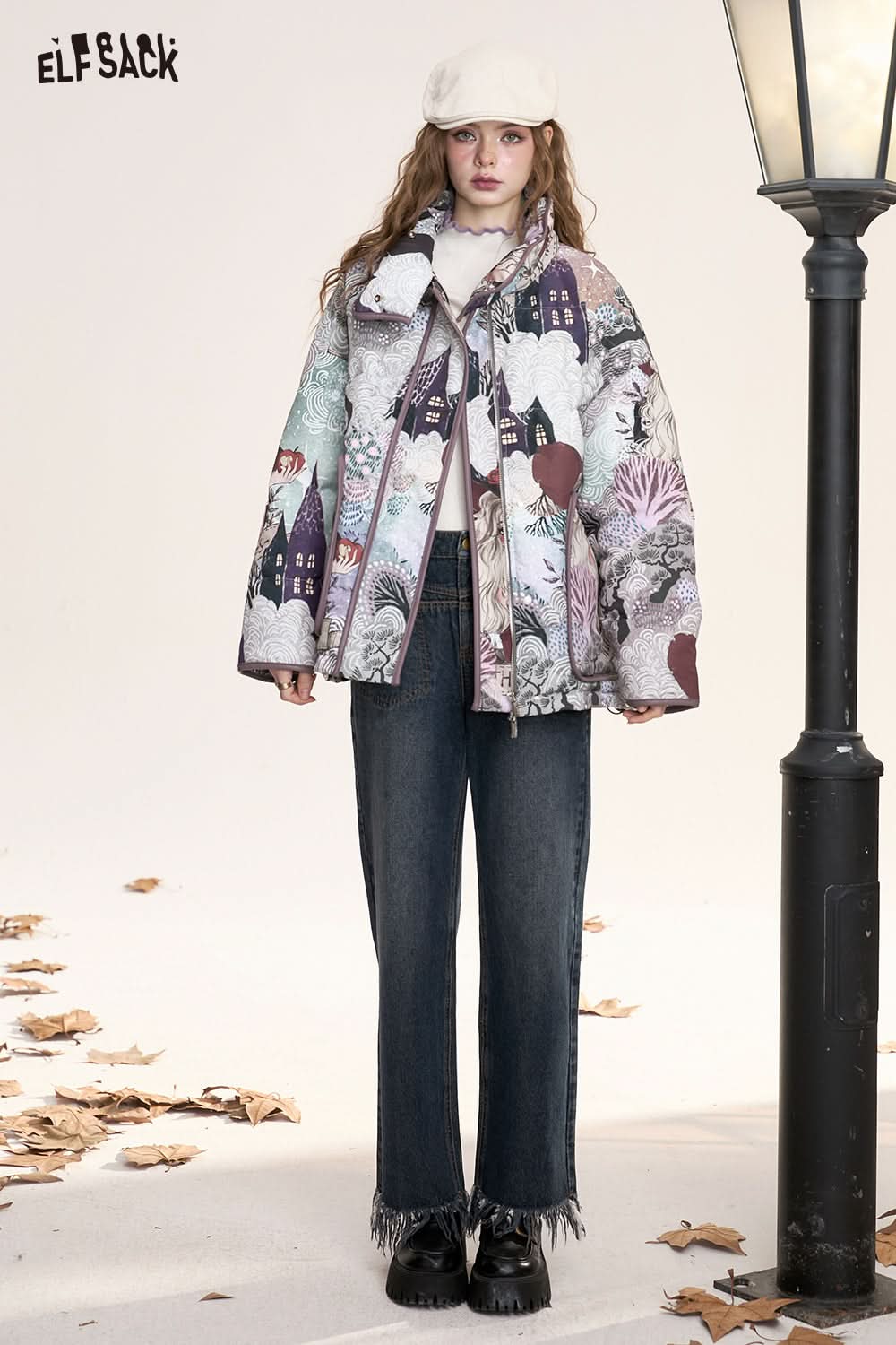 ELFSACK Retro witch cartoon full print stand collar short down jacket women windproof warm coat
