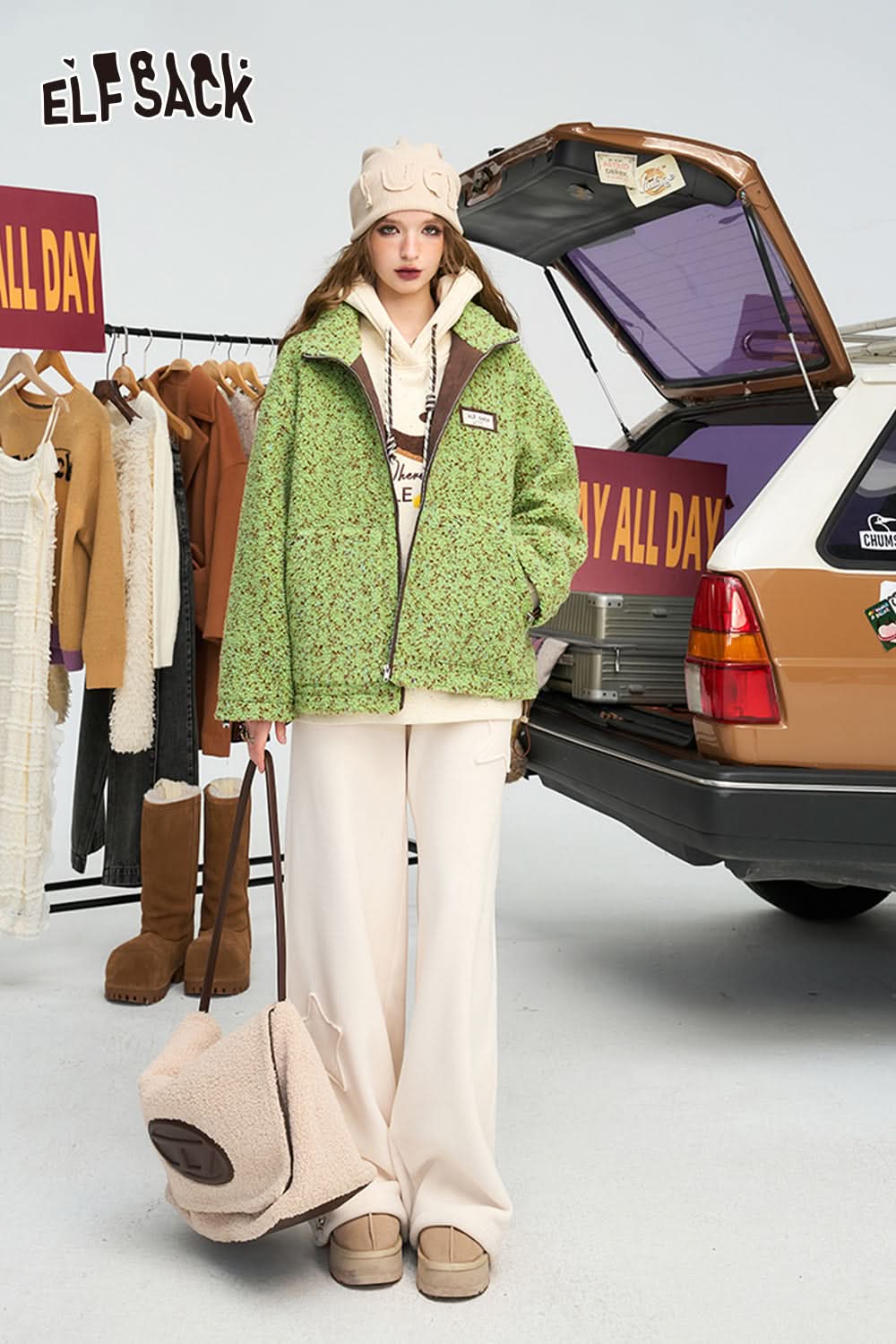 ELFSACK Preppy Style Versatile Colorful Dot Wadded Jacket Women