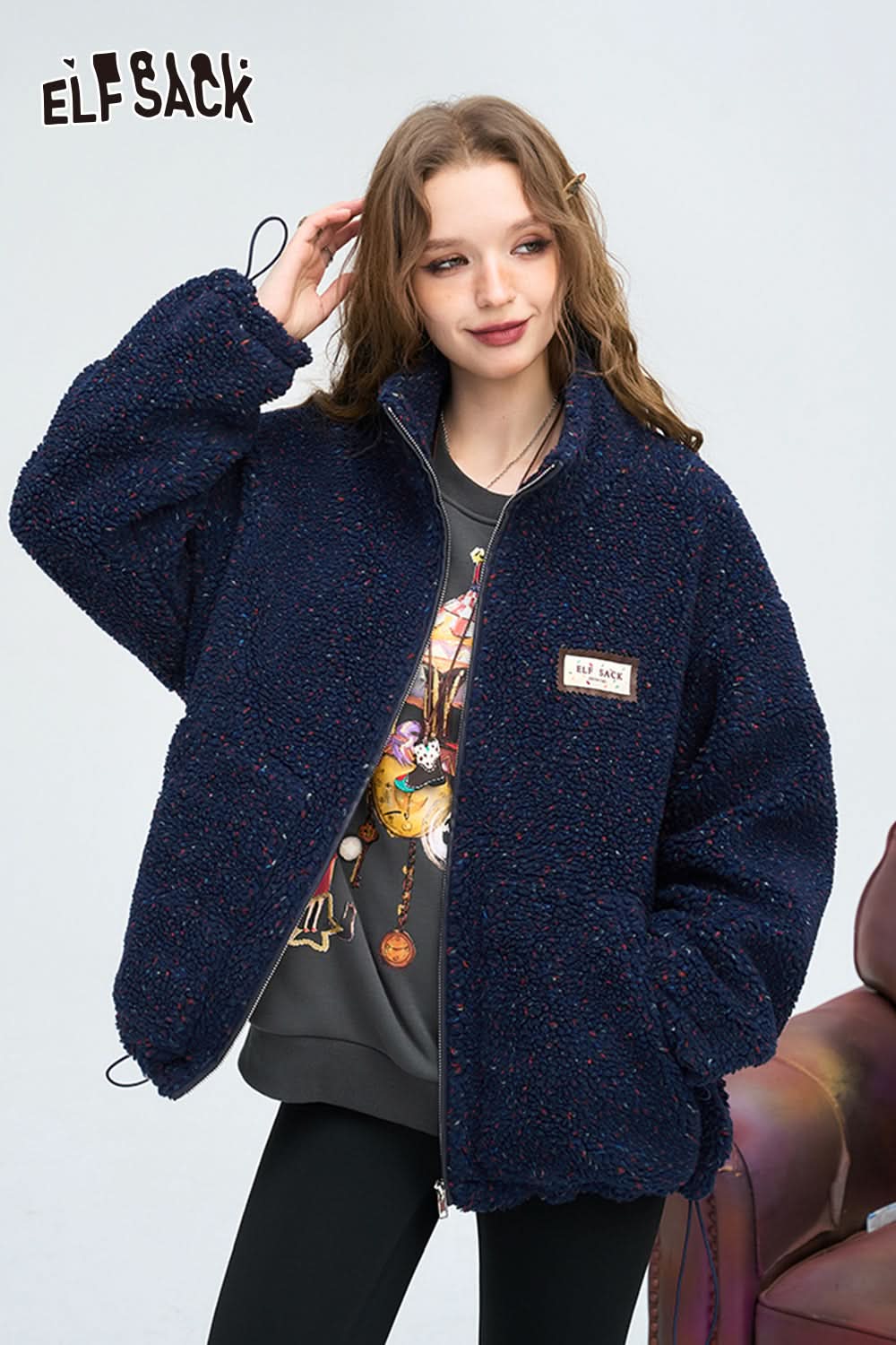 ELFSACK Preppy Style Versatile Colorful Dot Wadded Jacket Women