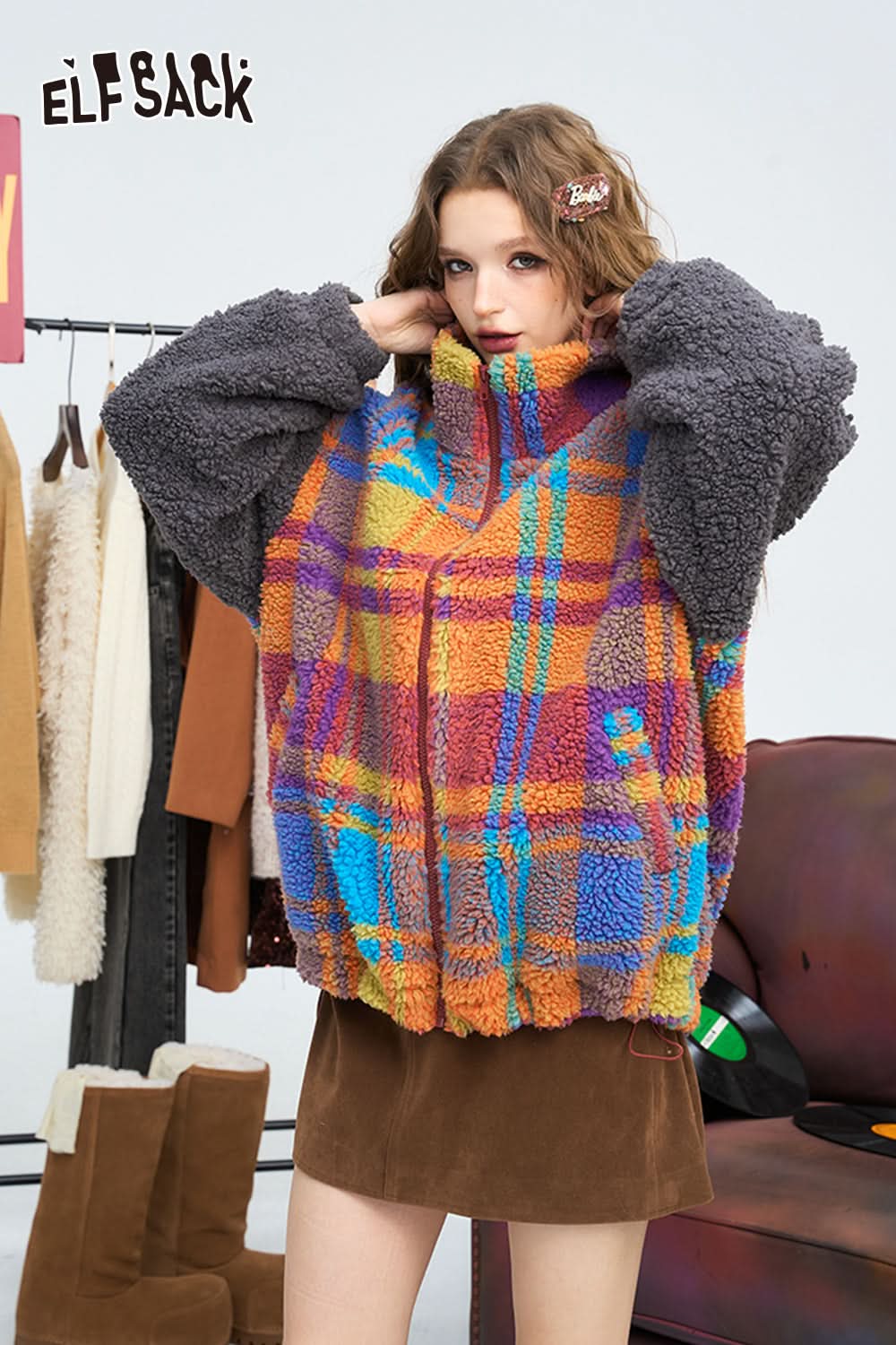 ELFSACK Casual retro colorful plaid loose winter coat