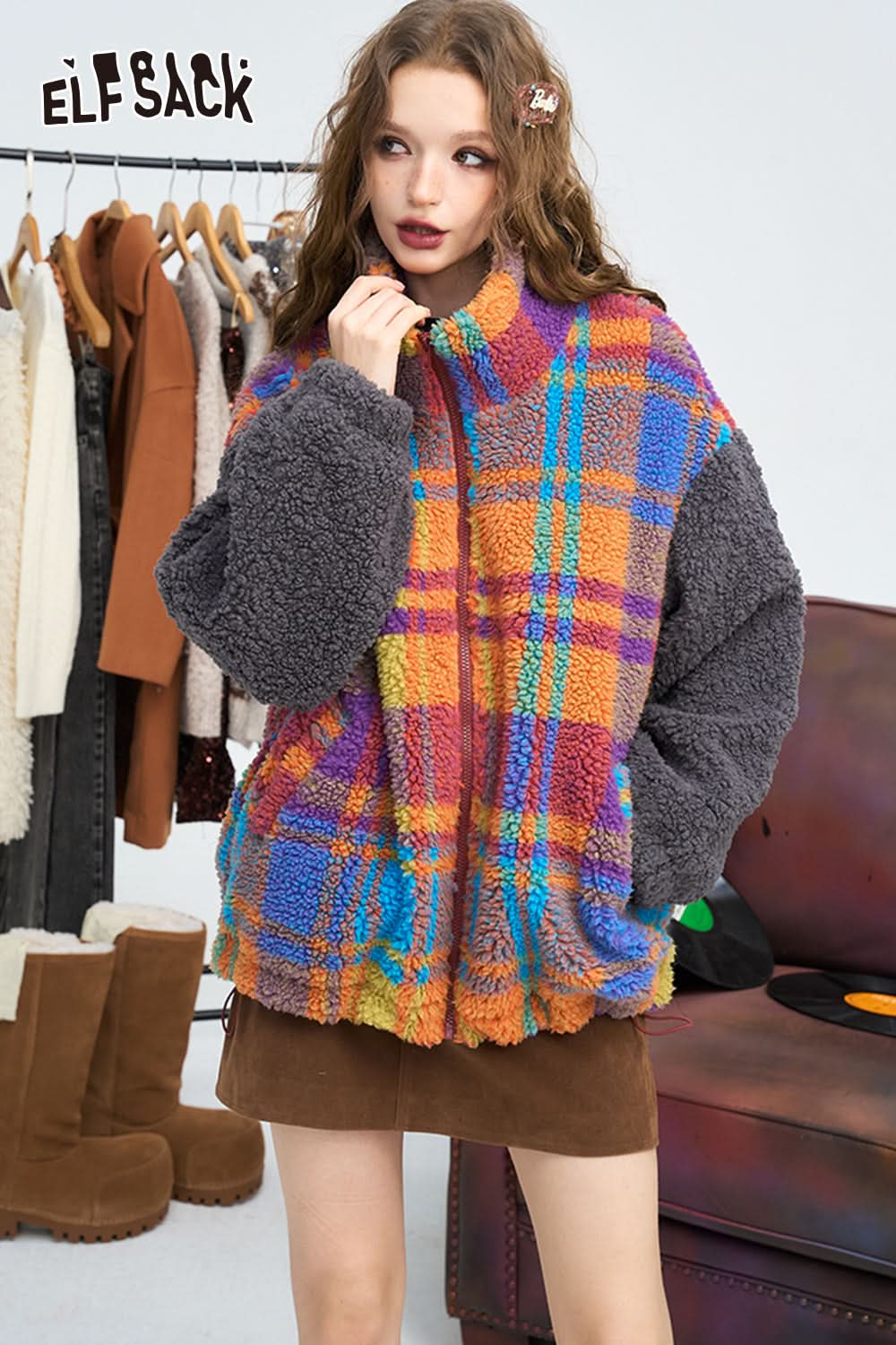ELFSACK Casual retro colorful plaid loose winter coat