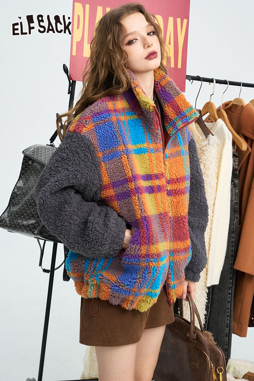ELFSACK Casual retro colorful plaid loose winter coat