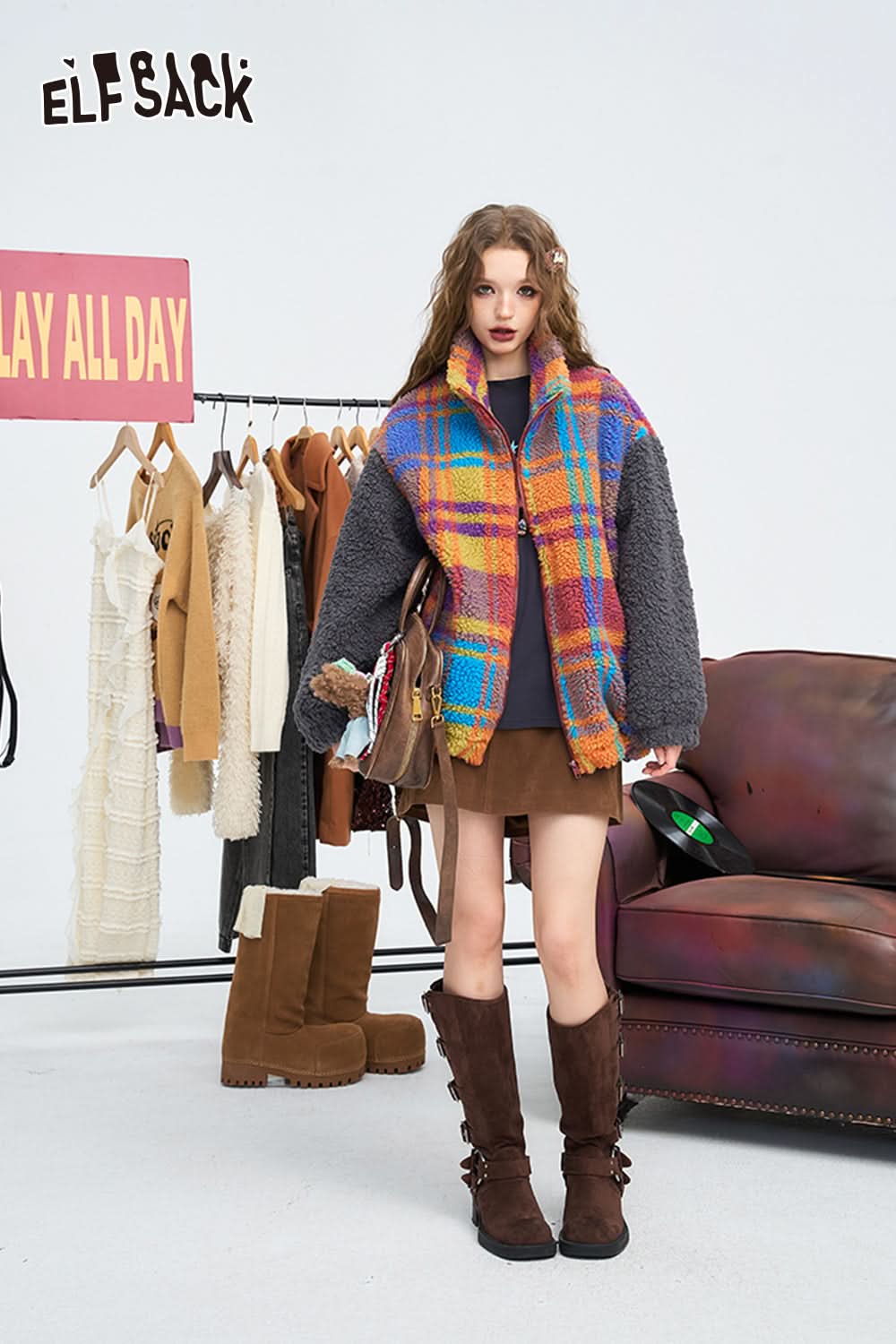 ELFSACK Casual retro colorful plaid loose winter coat