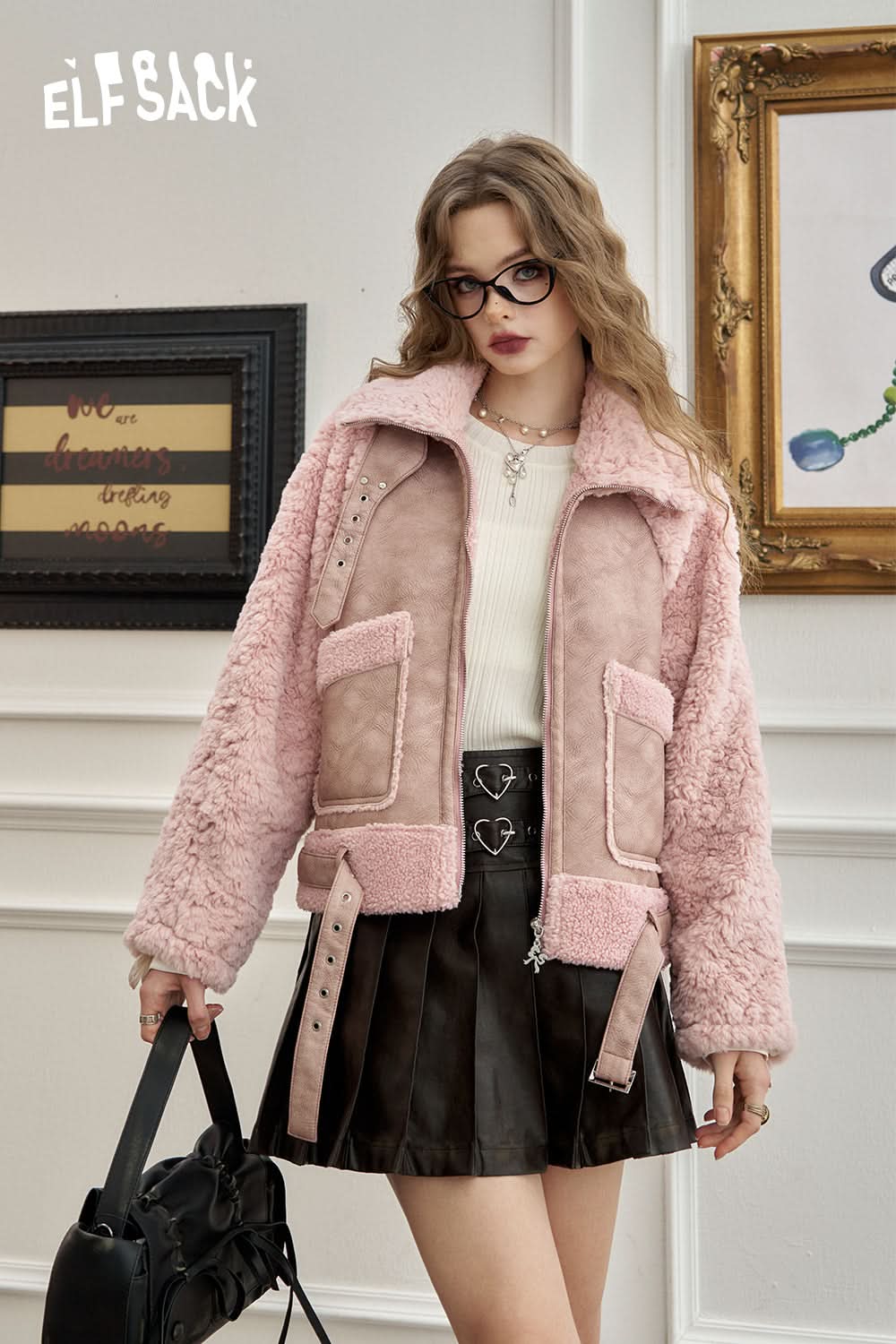 ELFSACK Sweet and cool light pink jacket PU leather splicing plus velvet and thickening