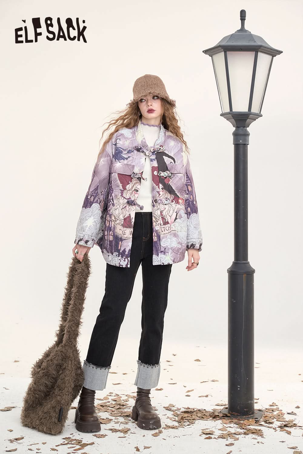 ELFSACK Original full print with buttons, plush and thick cotton coat, loose and simple