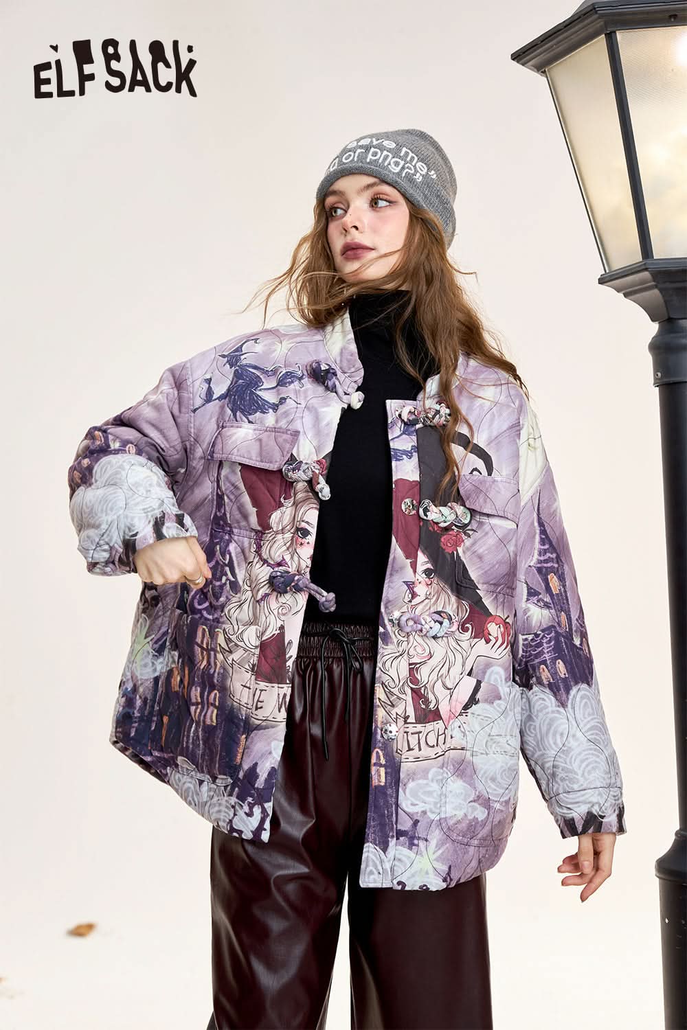 ELFSACK Original full print with buttons, plush and thick cotton coat, loose and simple