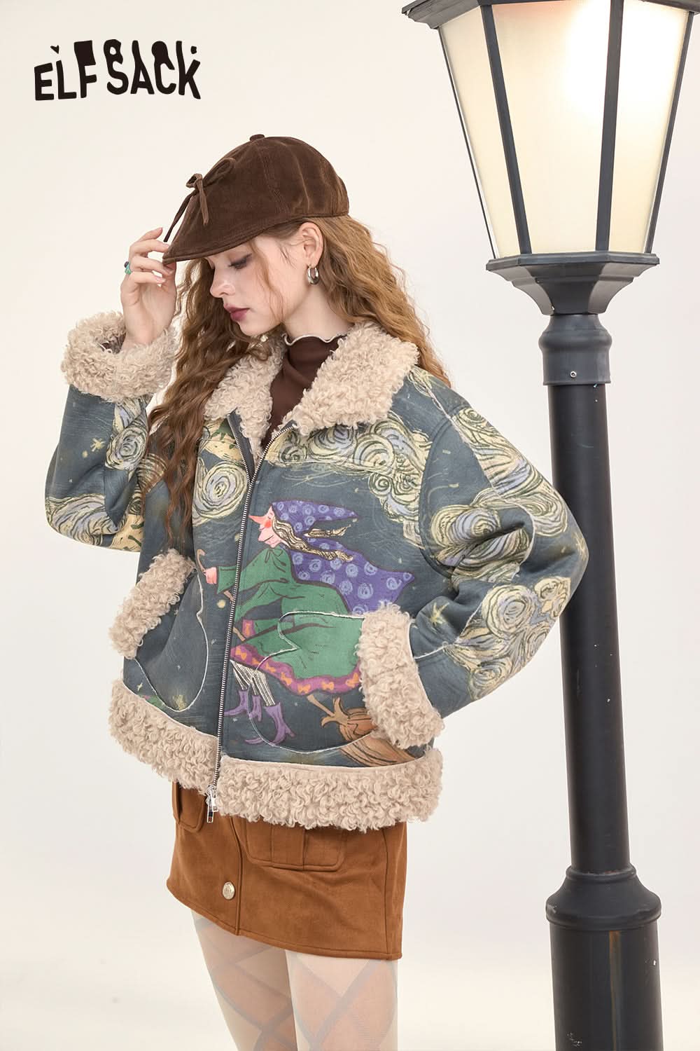 ELFSACK Original full print plush thickened coat Retro witch print with zipper fur stitching