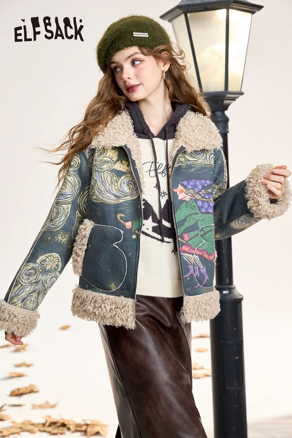 ELFSACK Original full print plush thickened coat Retro witch print with zipper fur stitching