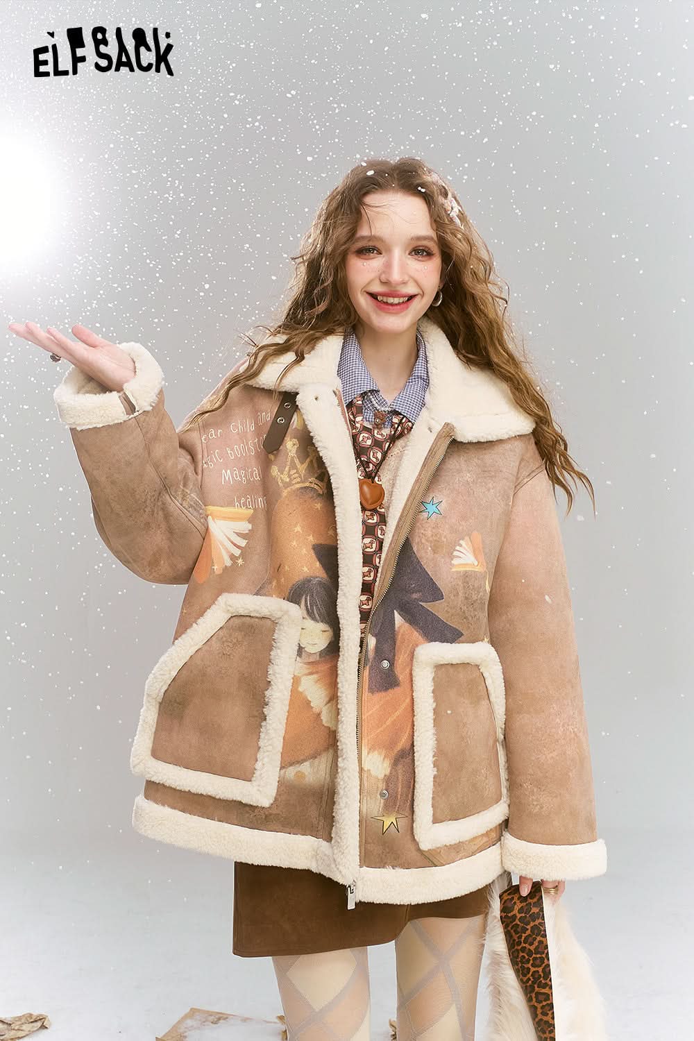 ELFSACK Original full-print imitation suede composite imitation plush loose thickened coat