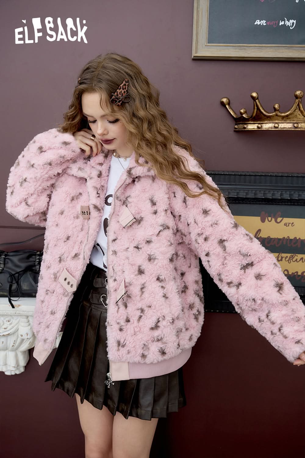 ELFSACK Sweet cool pink leopard print thick coat