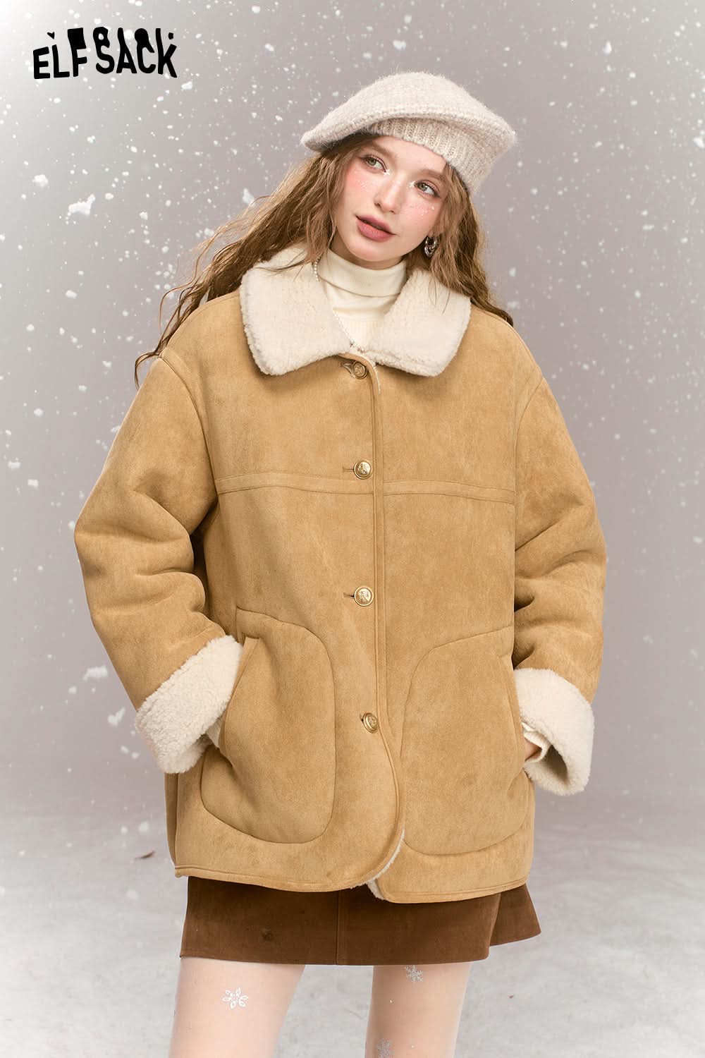 ELFSACK Suede Plush Thickened Jacket Women Retro Casual Single Breasted Warm Jacket