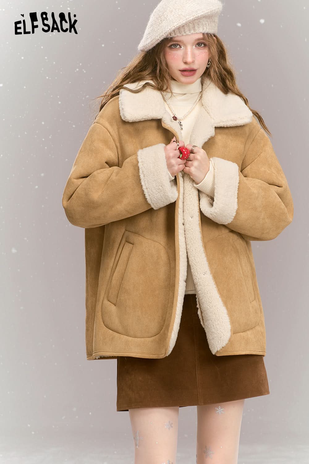 ELFSACK Suede Plush Thickened Jacket Women Retro Casual Single Breasted Warm Jacket