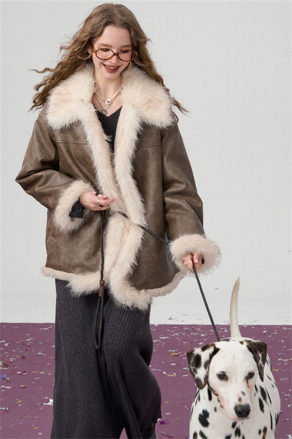 ELFSACK Brown plush PU leather jacket Elegant and fashionable Korean style cotton jacket