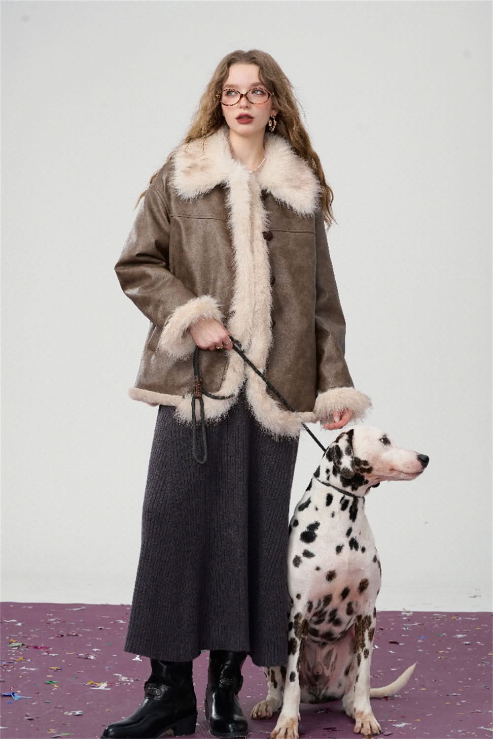 ELFSACK Brown plush PU leather jacket Elegant and fashionable Korean style cotton jacket