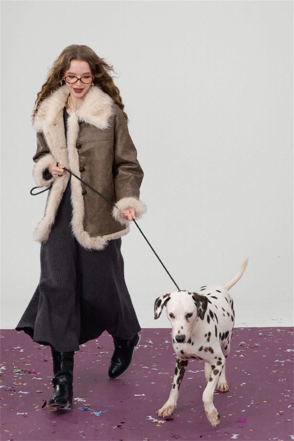 ELFSACK Brown plush PU leather jacket Elegant and fashionable Korean style cotton jacket