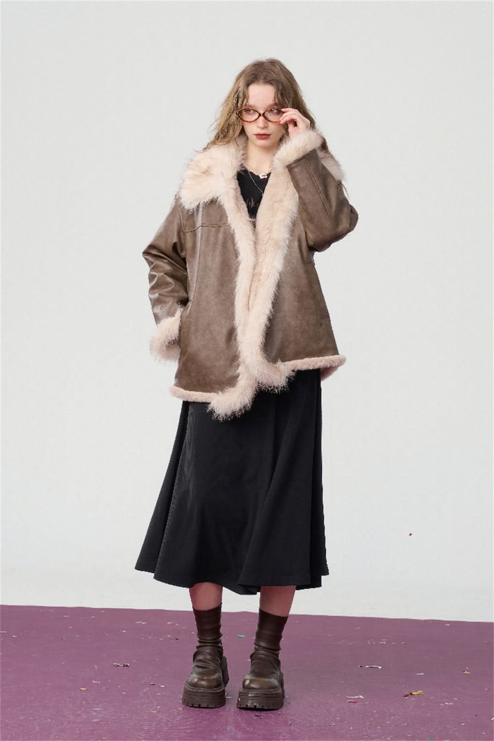 ELFSACK Brown plush PU leather jacket Elegant and fashionable Korean style cotton jacket