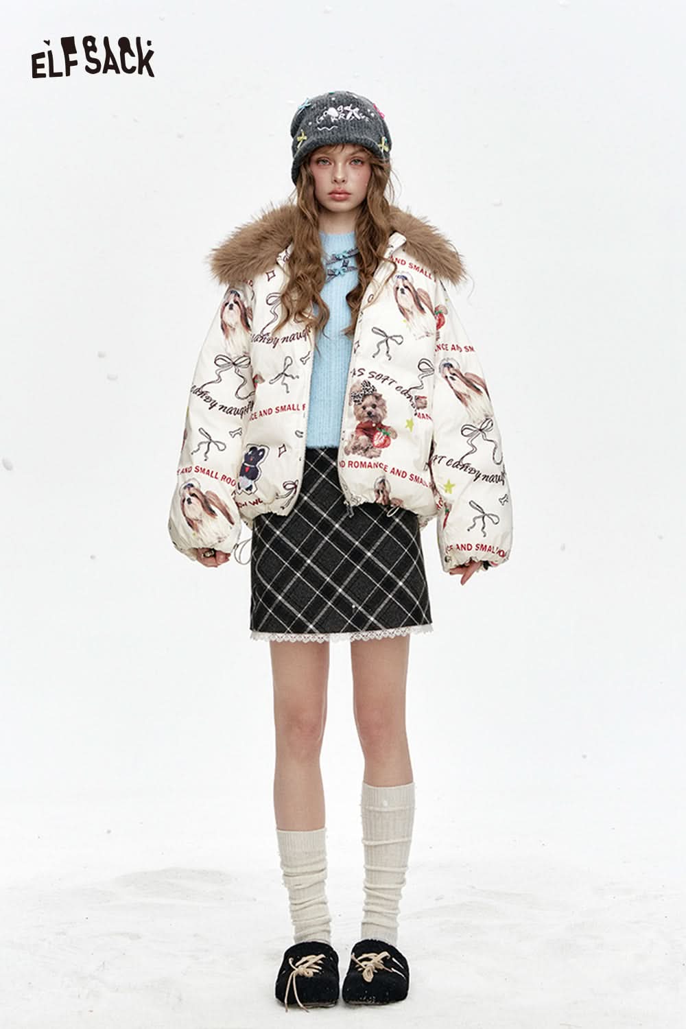 ELFSACK Puppy Print Thickened Short Faux Fur Collar Jacket