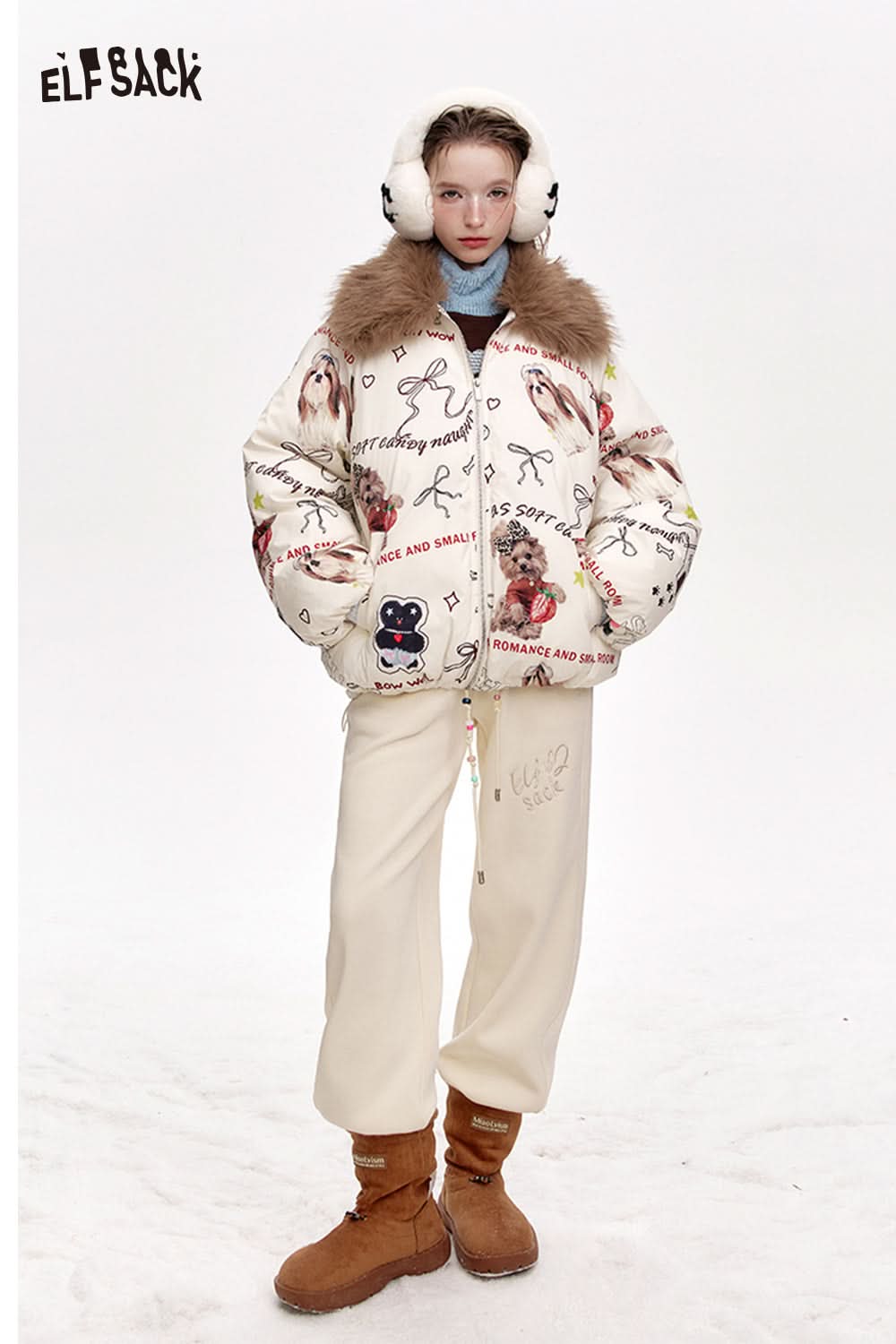 ELFSACK Puppy Print Thickened Short Faux Fur Collar Jacket