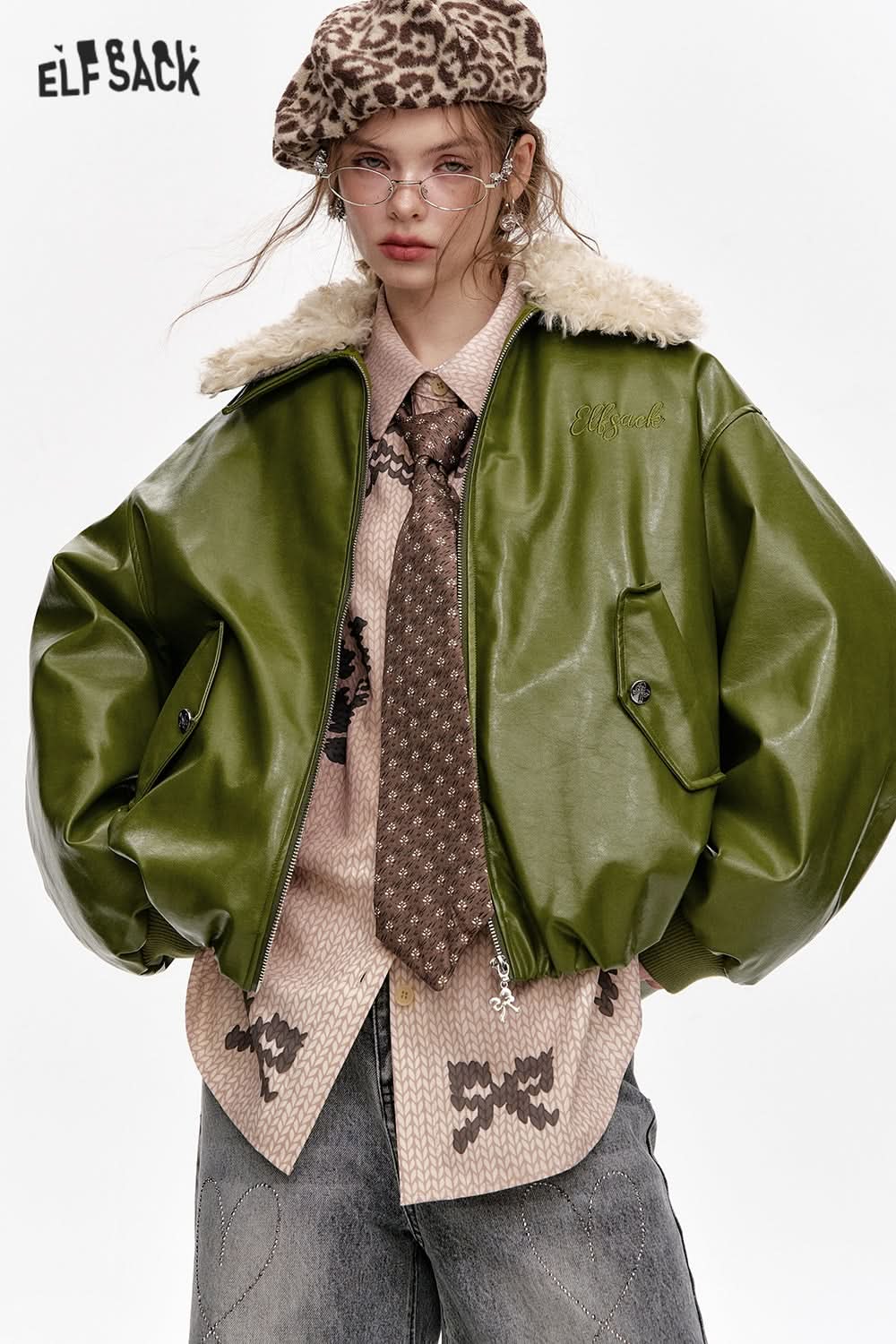 ELFSACK Bowknot Letter Embroidery Faux Plush Lapel PU Jacket