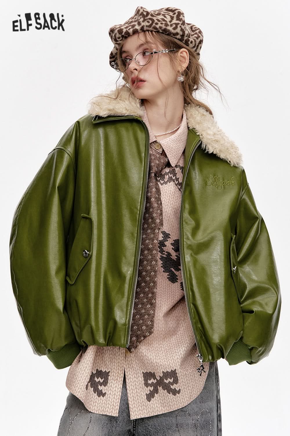 ELFSACK Bowknot Letter Embroidery Faux Plush Lapel PU Jacket