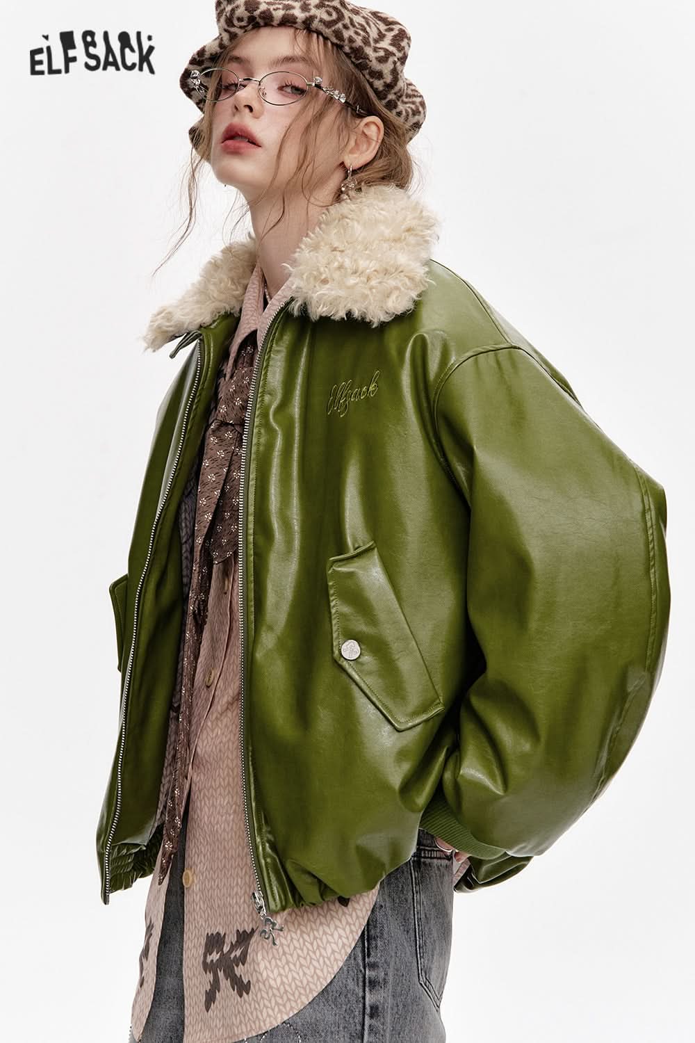 ELFSACK Bowknot Letter Embroidery Faux Plush Lapel PU Jacket