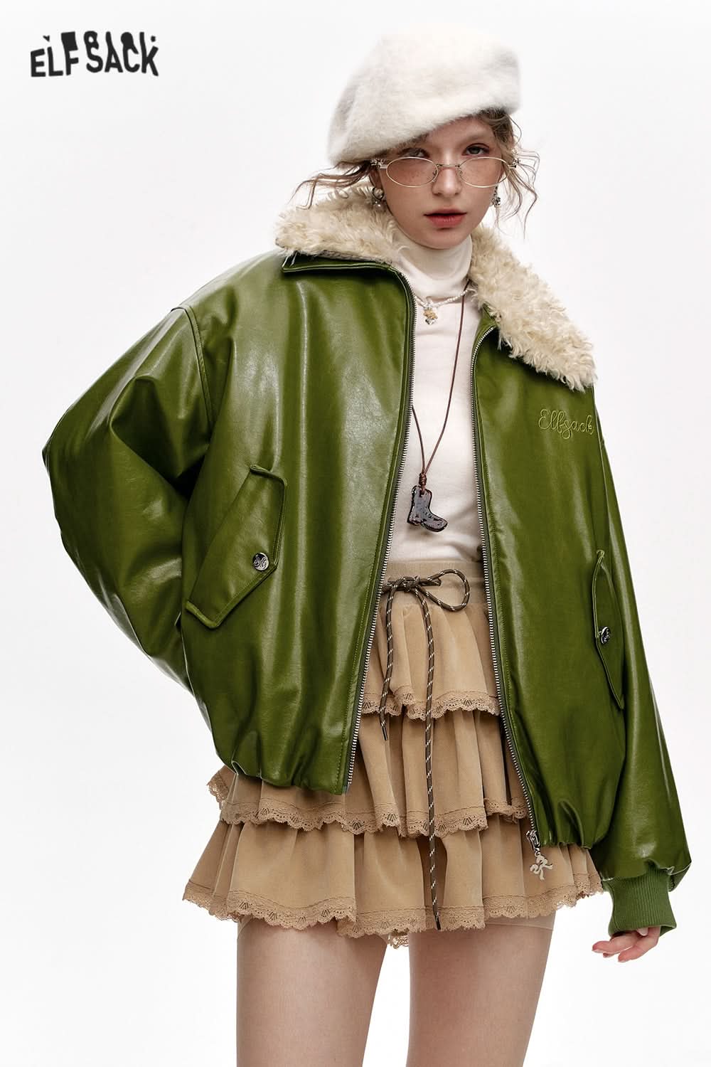 ELFSACK Bowknot Letter Embroidery Faux Plush Lapel PU Jacket